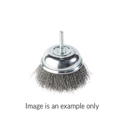 Cup Brush Crimped Wire 6mm Spindle Mount High Carbon Steel 0.3mm Wire x 65mm Dia Carded